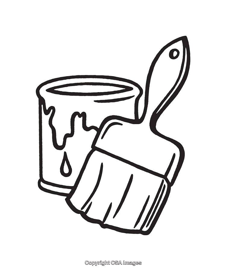 Black And White Line Art of Paintbrush and Paint Can