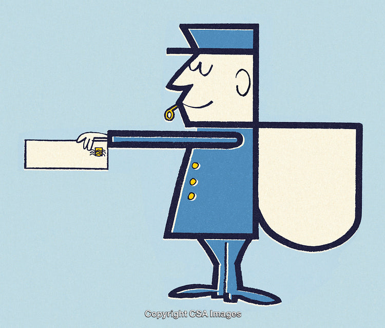 Retro Cartoon Illustration of a Smiling Postman Holding an Envelope
