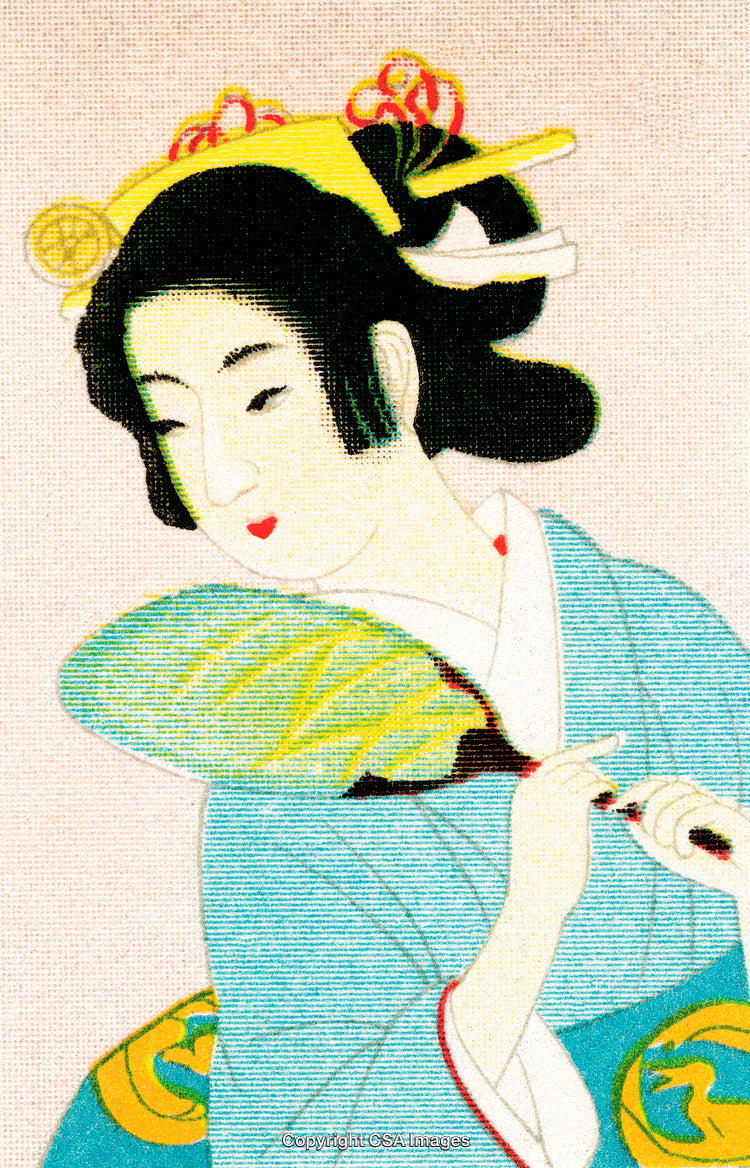 Graceful Traditional Woman Holding Fan in Vintage Style Illustration