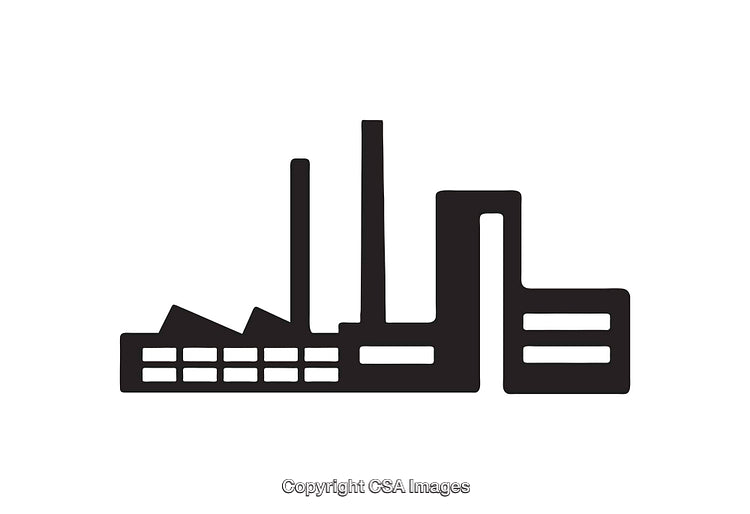 Black and White Factory Icon with Chimneys and Building Features