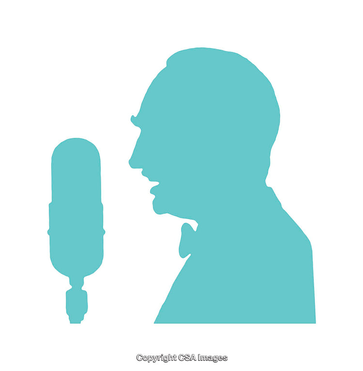 Blue Silhouette of a Man Speaking Into a Microphone Icon