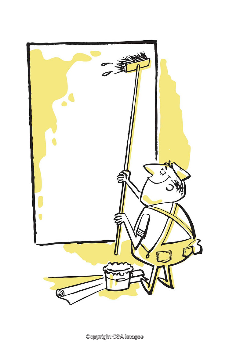 Cartoon Painter Applying Wallpaper Glue Using Long Brushes