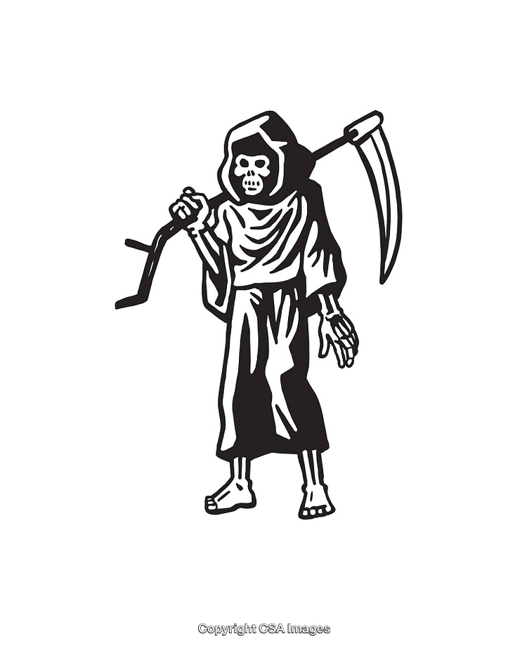 Black and White Line Art of Grim Reaper Holding a Scythe