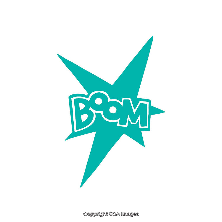Bright Teal Comic Book Style Boom Text with Starburst Design