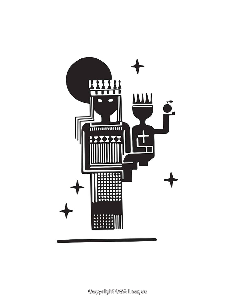 Stylized Black and White Icon Depicting Figures with Symbolic Elements