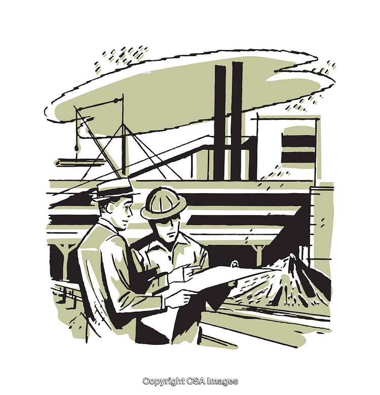 Engineers Discussing Factory Projects in Industrial Setting Illustration