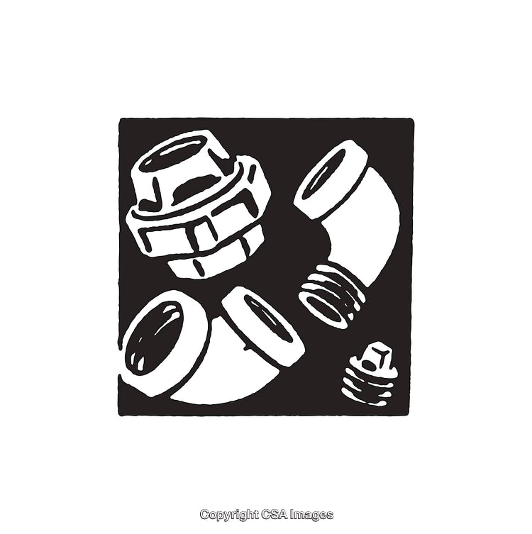 Black and White Illustration of Plumbing Pipe Fittings and Connectors