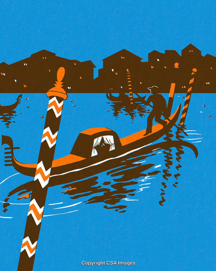 Illustration of Venetian Gondola on Canal with Scenic Blue Background