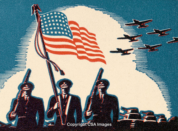 Vintage Illustration of Soldiers With American Flag and Fighter Jets