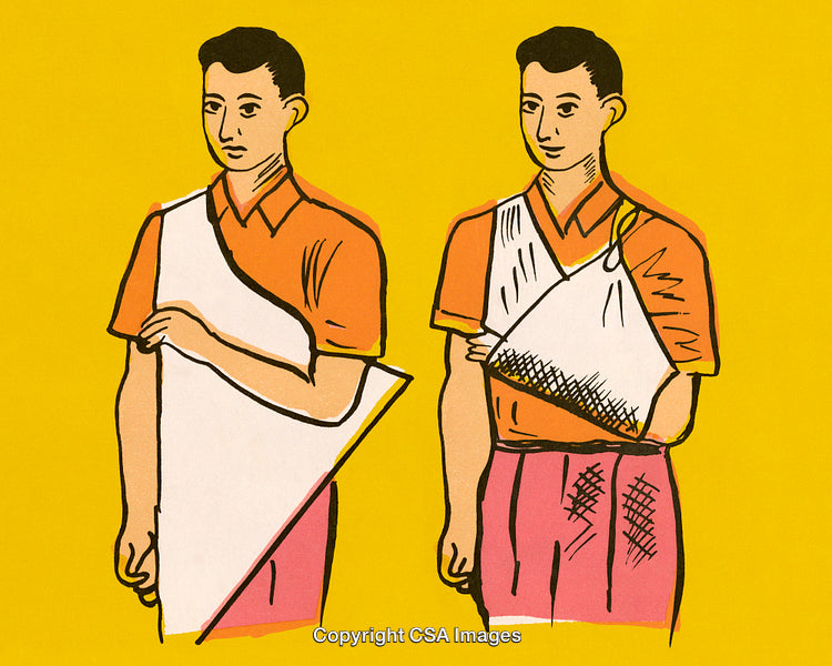 Illustration of Medical Arm Sling Techniques on Yellow Background