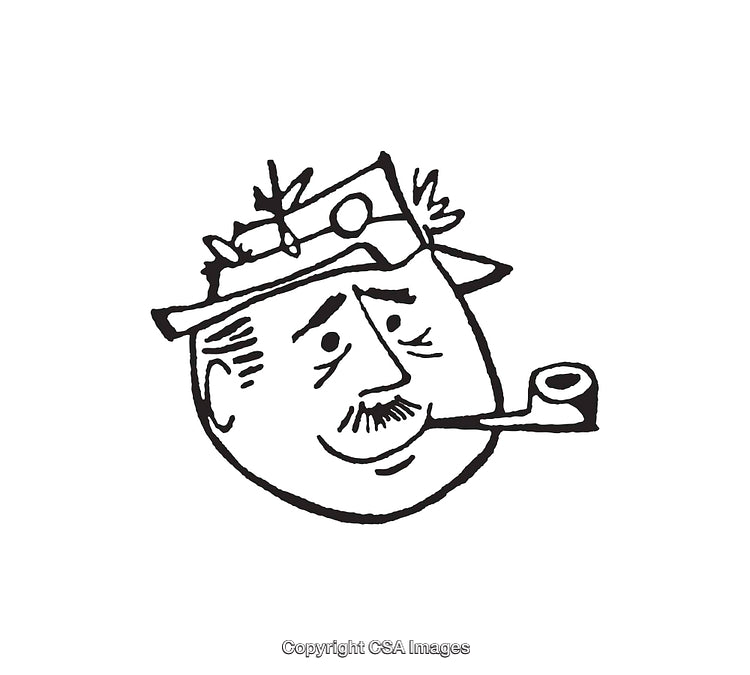 Black and White Line Art Illustration of a Man With a Pipe and Hat