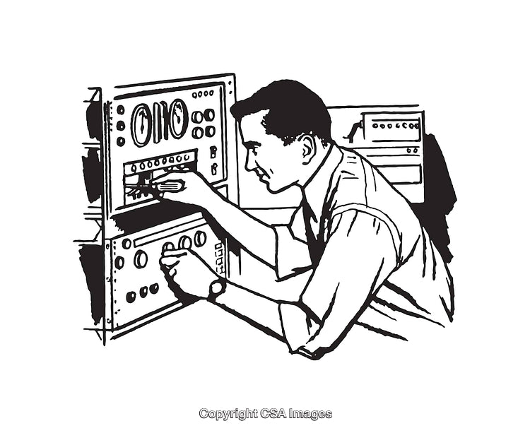 Man Adjusting Controls on a Machine in Black and White Line Art