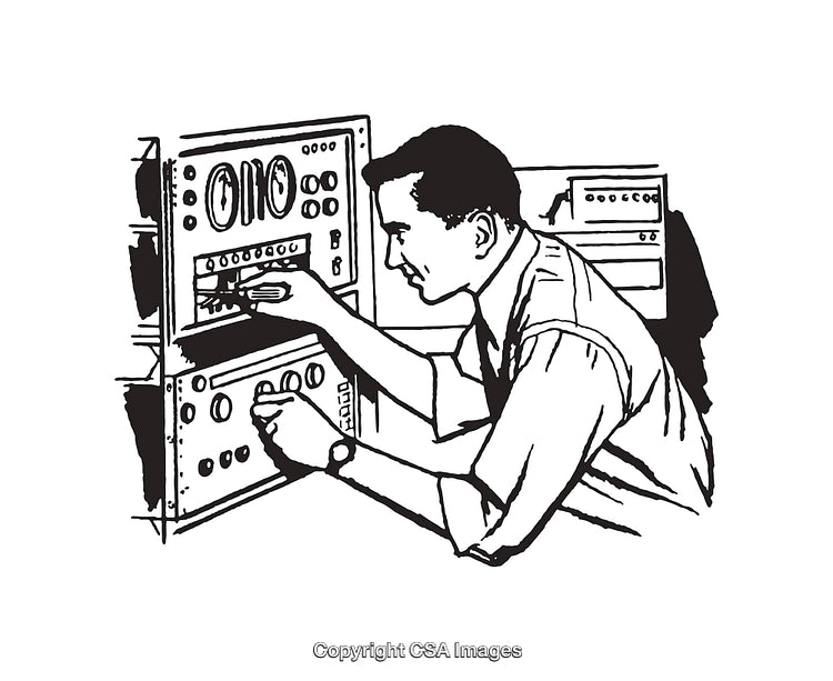 Man Adjusting Controls on a Machine in Black and White Line Art