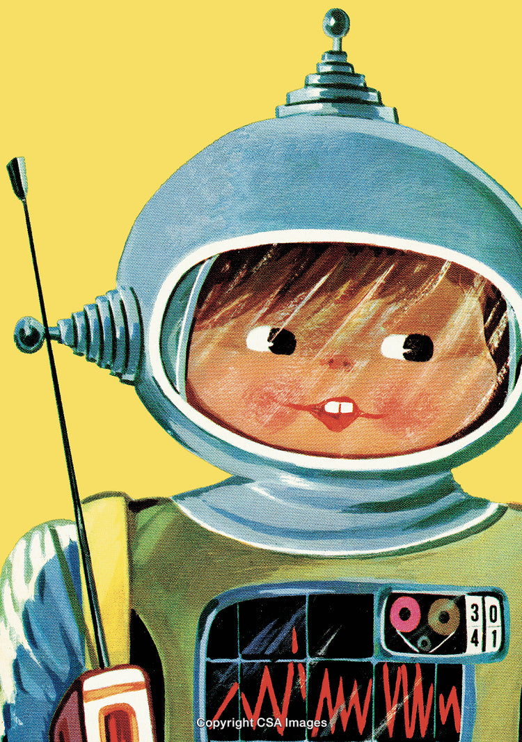 Retro Style Illustration of a Smiling Child in a Robot Costume