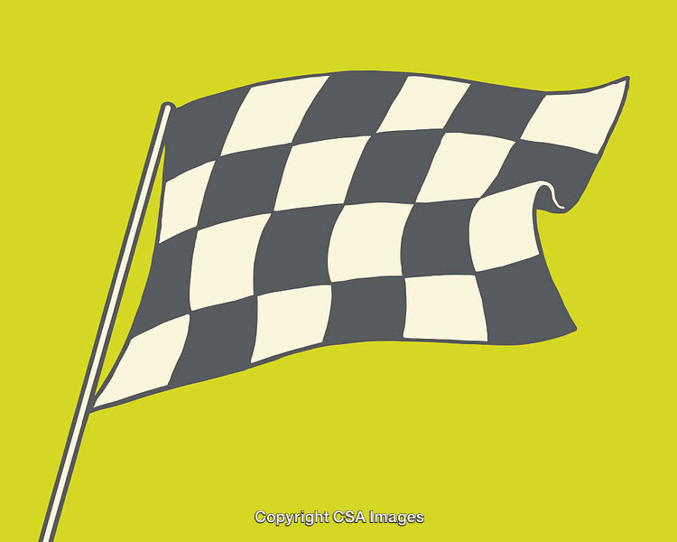 Checkered Flag Waving on Bright Yellow Background in Vibrant Illustration Style