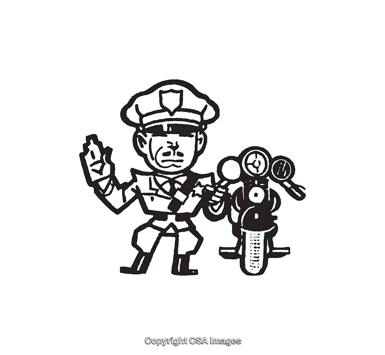 Black And White Line Art Of A Police Officer With A Motorcycle