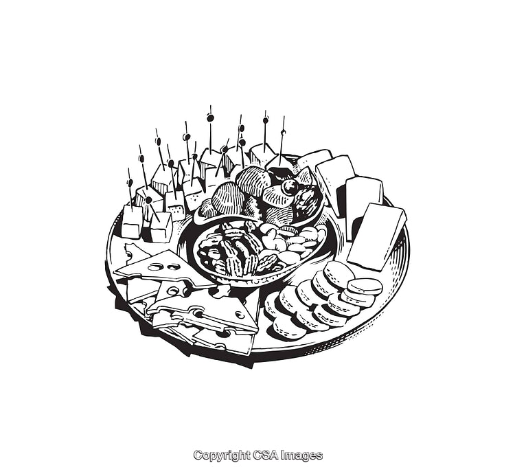 Elegant Black and White Line Art of a Food Platter Arrangement