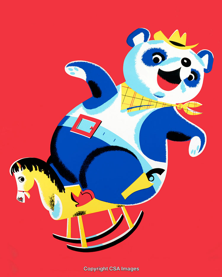 Cheerful Cartoon Panda Riding a Rocking Horse Against a Vibrant Red Background