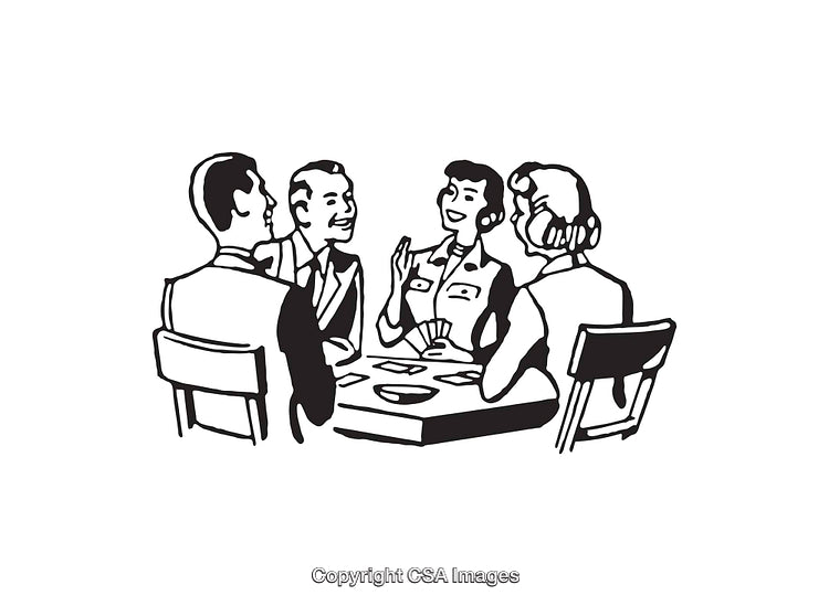Group of Four People Playing Cards Around a Table in Line Art