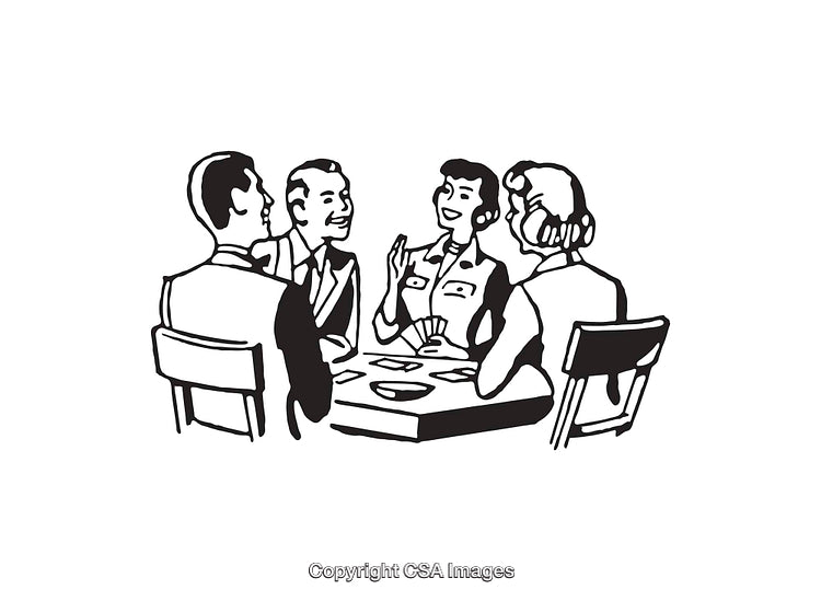 Group of Four People Playing Cards Around a Table in Line Art