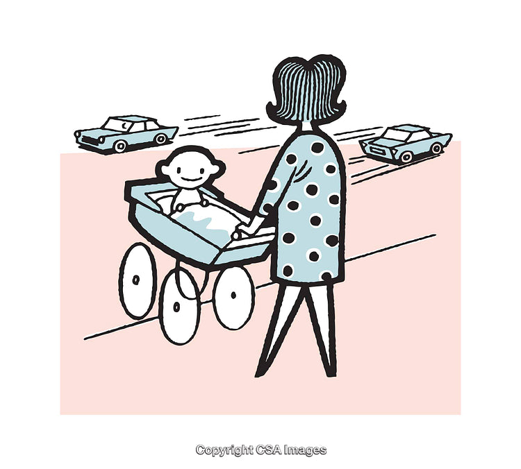 Illustration of Parent Pushing Baby Stroller on a Busy Street