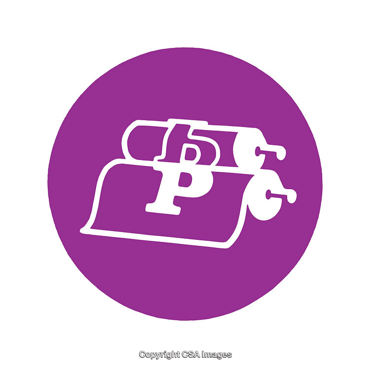 Purple Icon Featuring Printing Symbols and Rollers in a Circular Design
