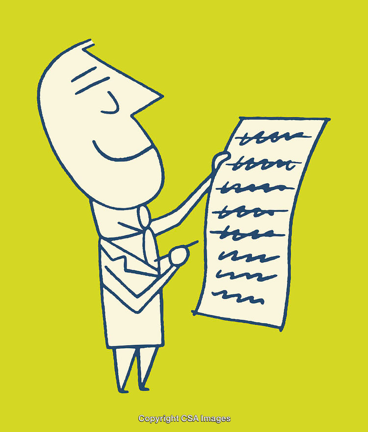 Business Character Reviewing a Long Document On a Bright Background