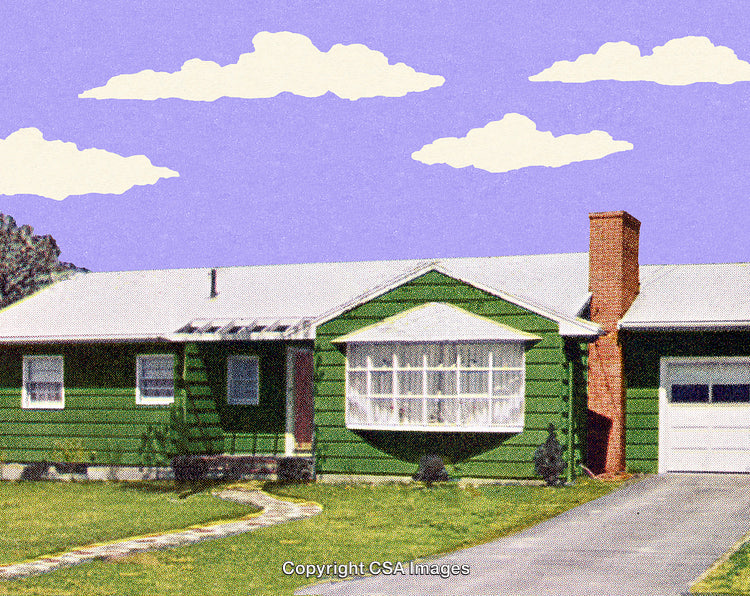 Vintage Styled Green House with a Retro Art Pop Aesthetic