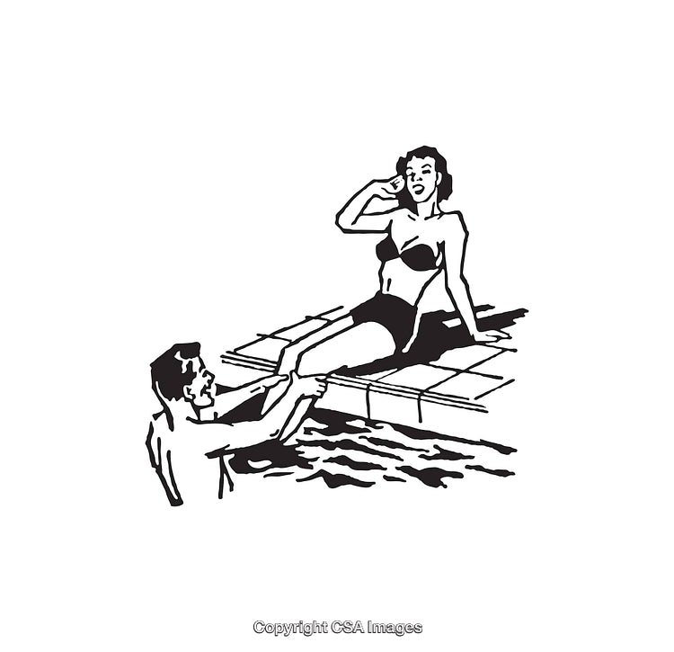 Vintage Black and White Illustration of a Swimming Pool Scene