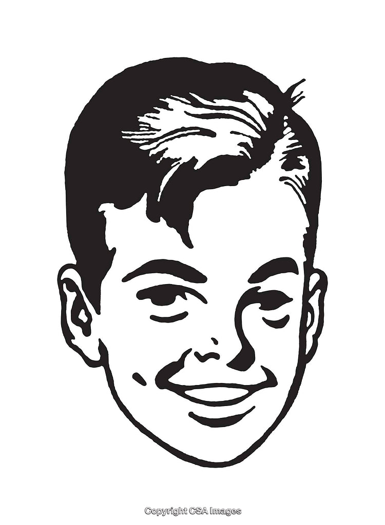 Black and White Retro Boy Illustration with Smiling Expression