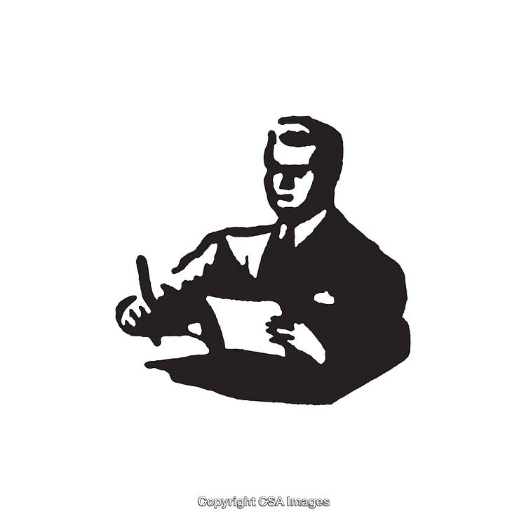 Illustration of a Businessman Writing at a Desk in Black and White