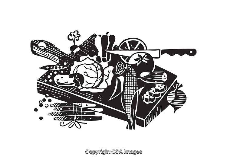 Black and White Illustration of Vegetables on a Wooden Cutting Board