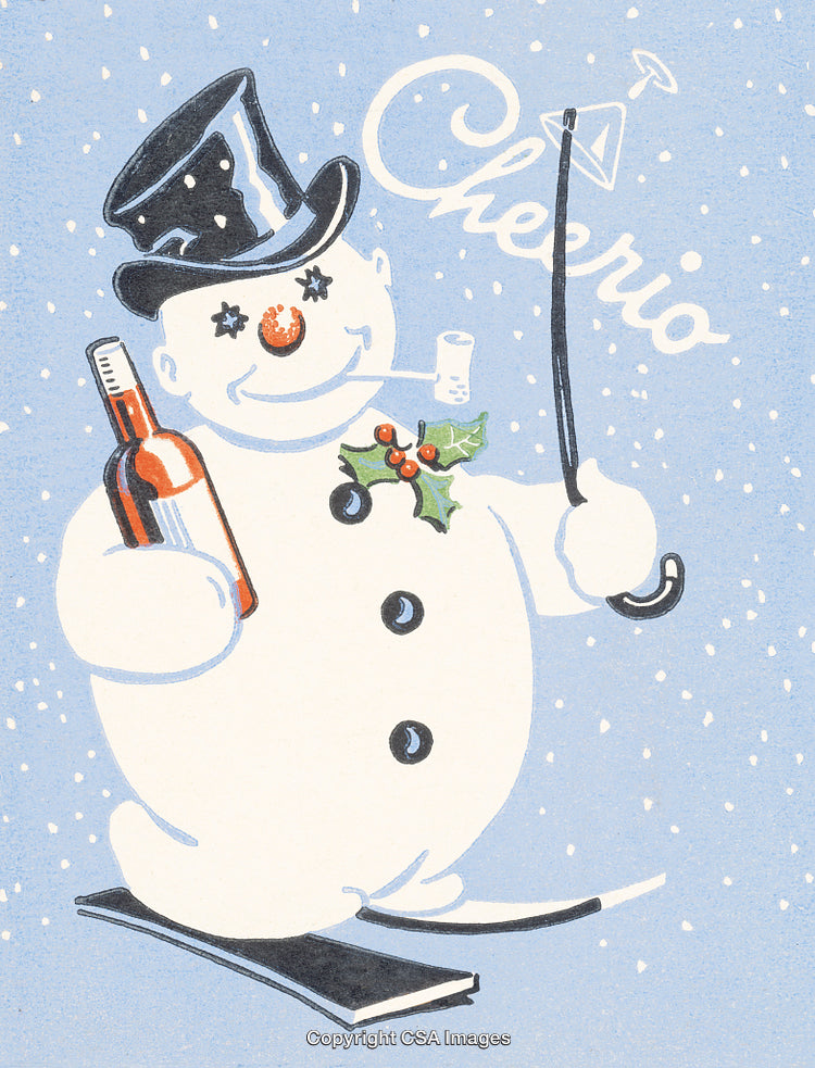 Festive Snowman Illustration with a Bottle and Holiday Cheer