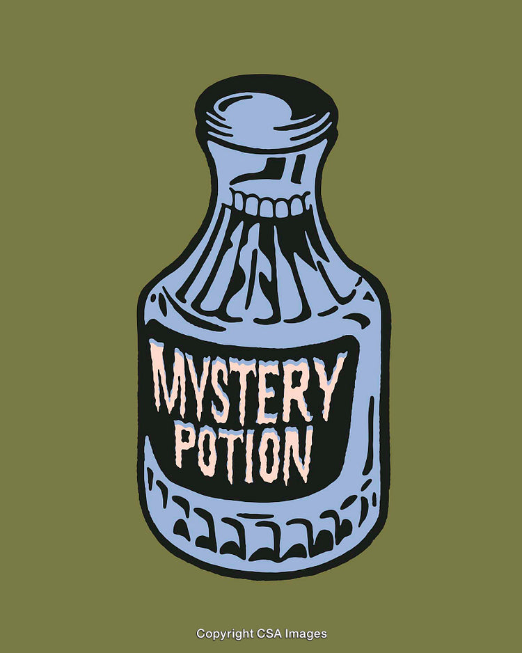 Retro Styled Illustration of a Mystery Potion Bottle on a Solid Background