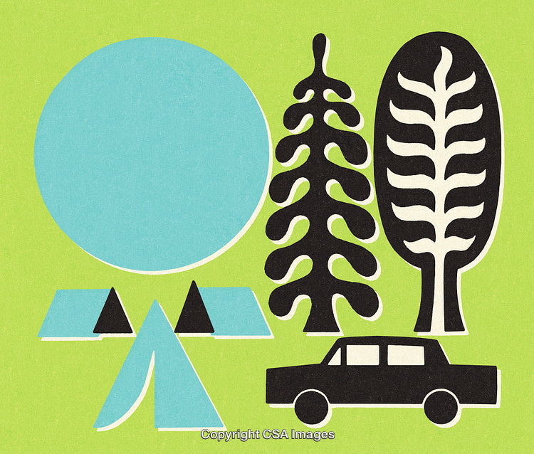 Illustrated Camping Scene with Stylized Trees and a Retro Automobile