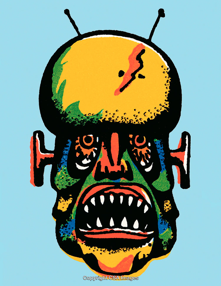 Colorful Abstract Illustration of a Fantasy Robotic Face With Antennae