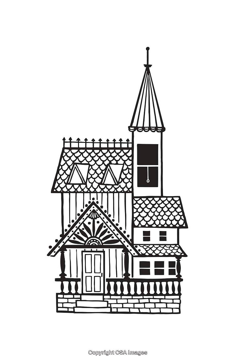 Detailed Line Art Illustration of a Victorian House with Charming Features