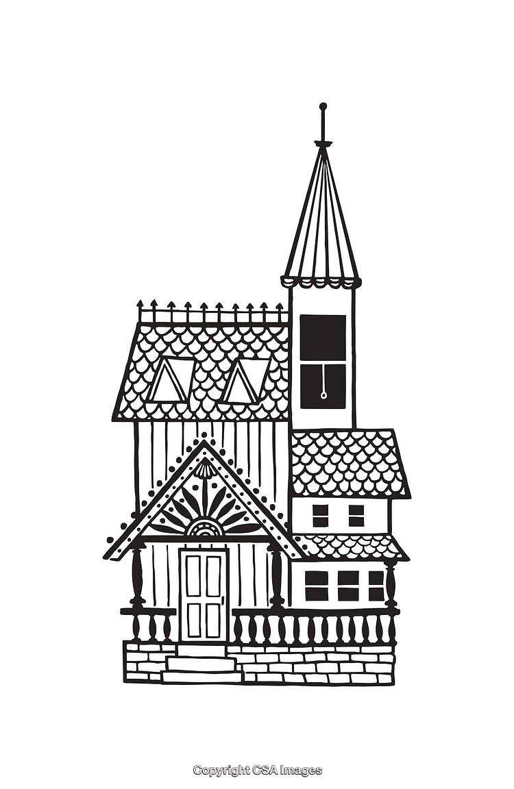 Detailed Line Art Illustration of a Victorian House with Charming Features
