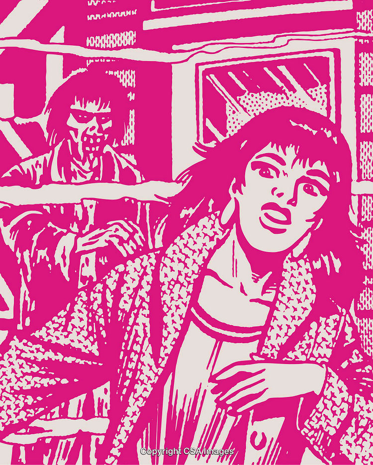 Dramatic Comic Style Illustration Featuring Frightened Woman and Menacing Figure