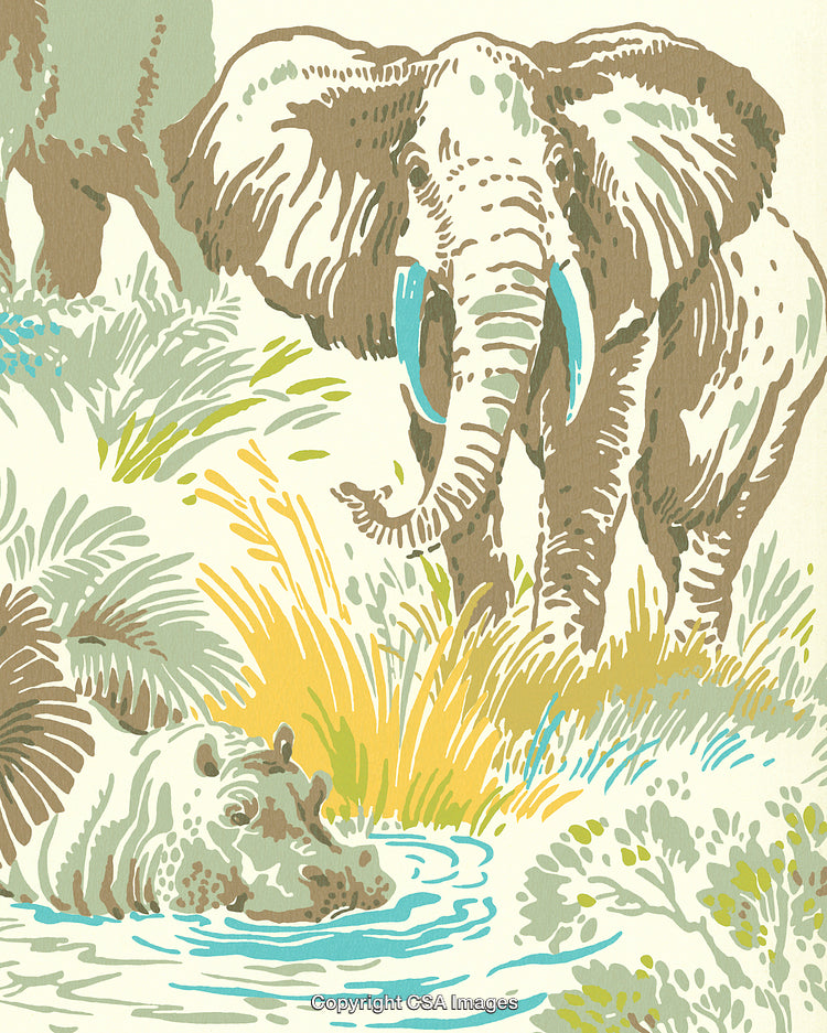 Illustration of African Elephant and Hippopotamus in a Vibrant Natural Habitat