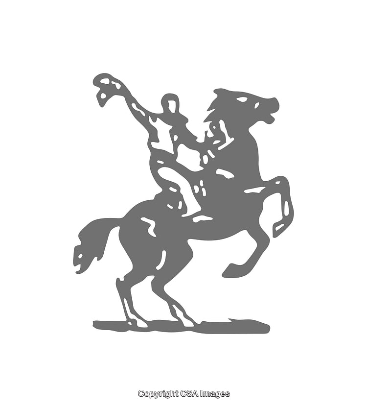 Monochrome Illustration of a Figure Riding a Rearing Horse