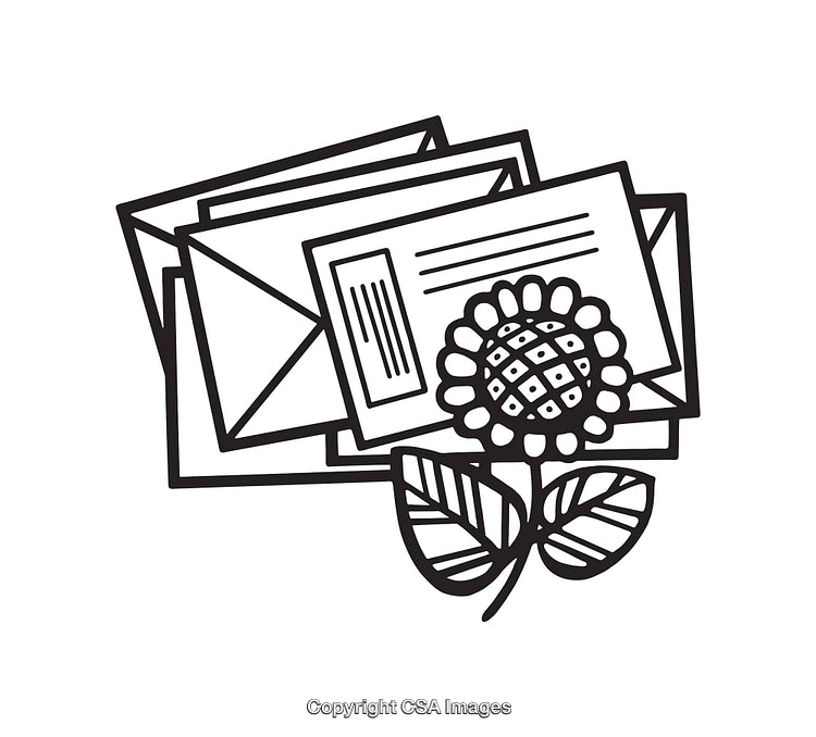 Black and White Line Art of Envelopes with Decorative Flower Design