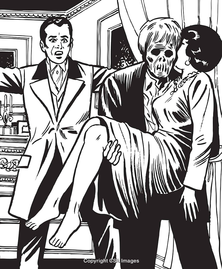 Dramatic Vintage Scene Featuring Skull-Faced Character and Surprised Man