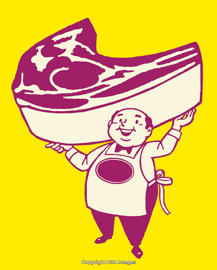 Cheerful Butcher Holding Oversized Steak on Vibrant Yellow Background