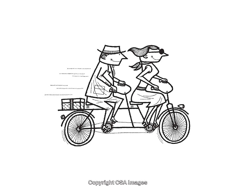 Black and White Line Art of Two People Riding a Tandem Bicycle