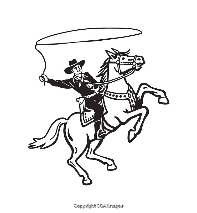 Cowboy With Lasso Riding Horse in Black and White Line Art Illustration