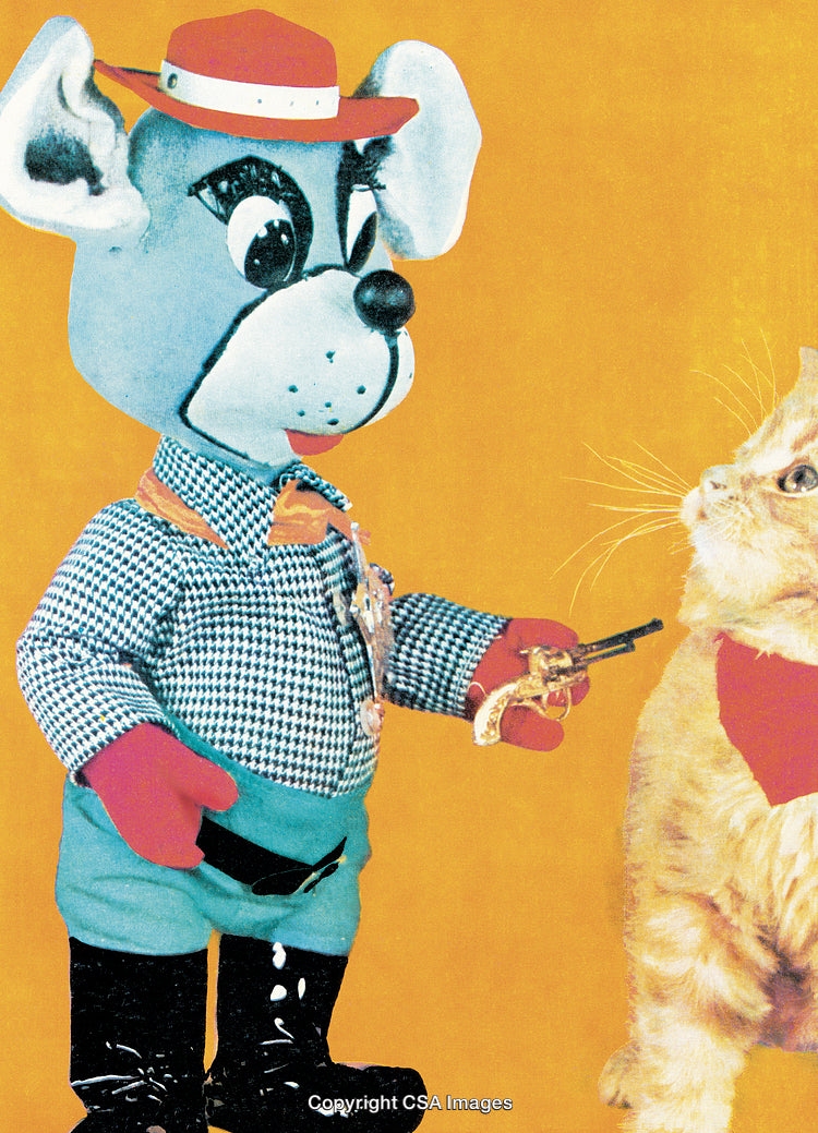 Illustration of Anthropomorphic Mouse With Cat in Vibrant Graphic Style