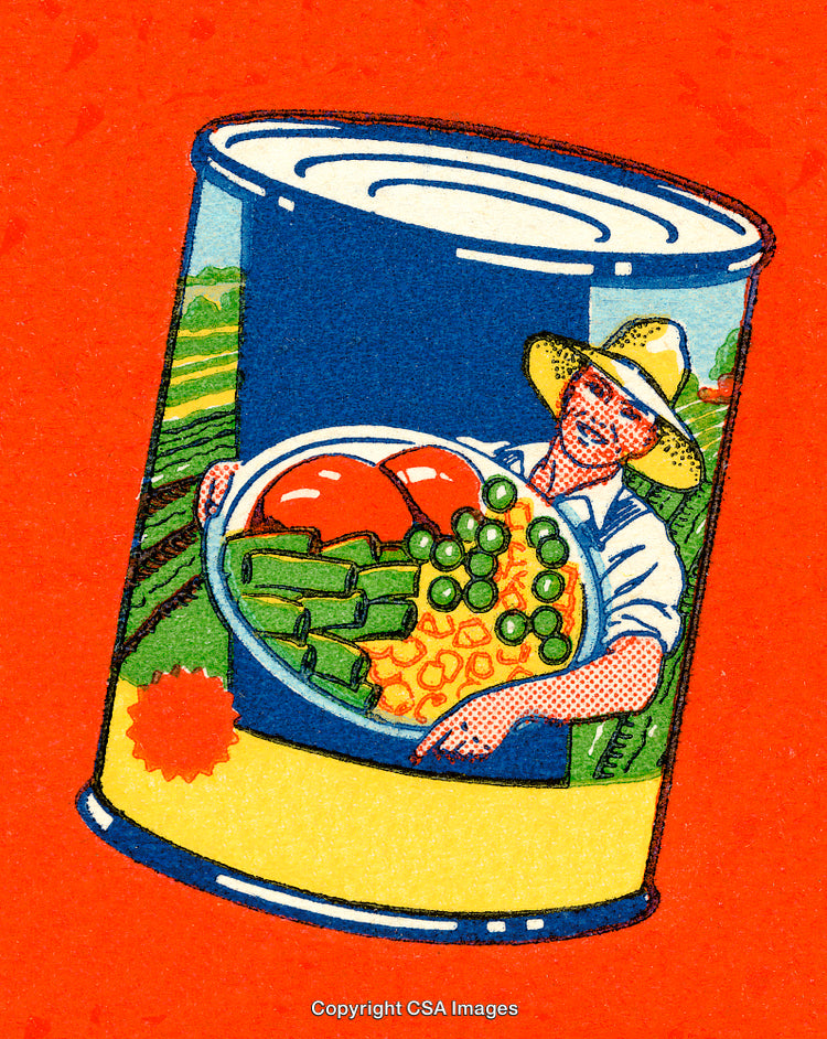 Colorful Illustration of a Canned Vegetable Product with a Farmer Displaying Fresh Produce