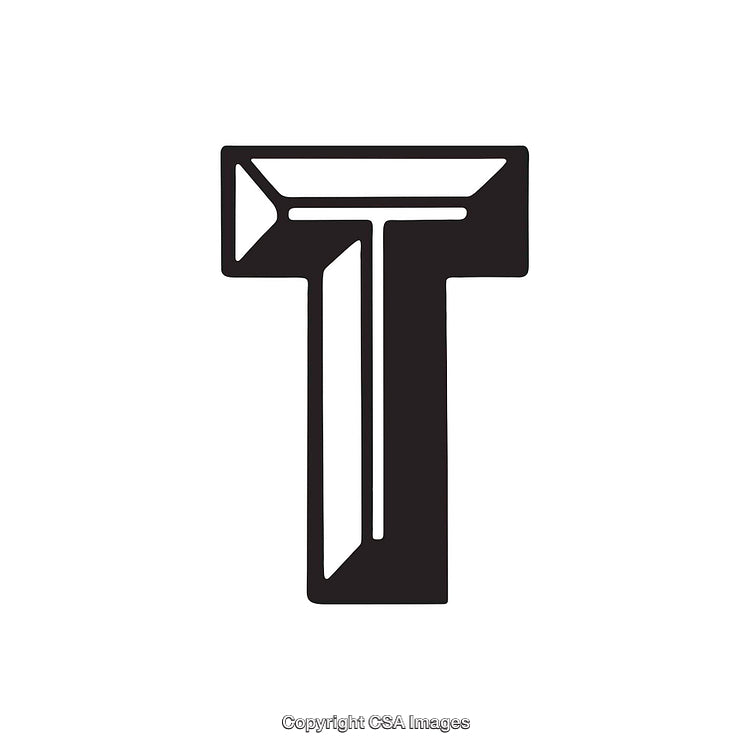 Black Stylized Letter T in Bold Design on White Background