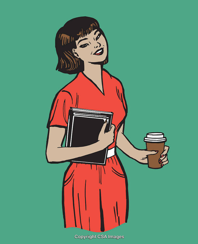 Retro Styled Illustration of a Woman Holding Books and Coffee